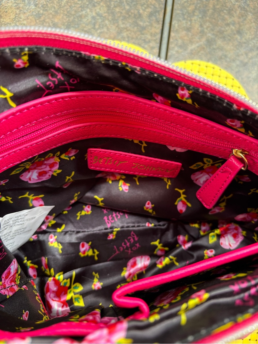 Betsey Johnson Hot Pink Floral Satchel with Gold Chain - Picture 5 of 12